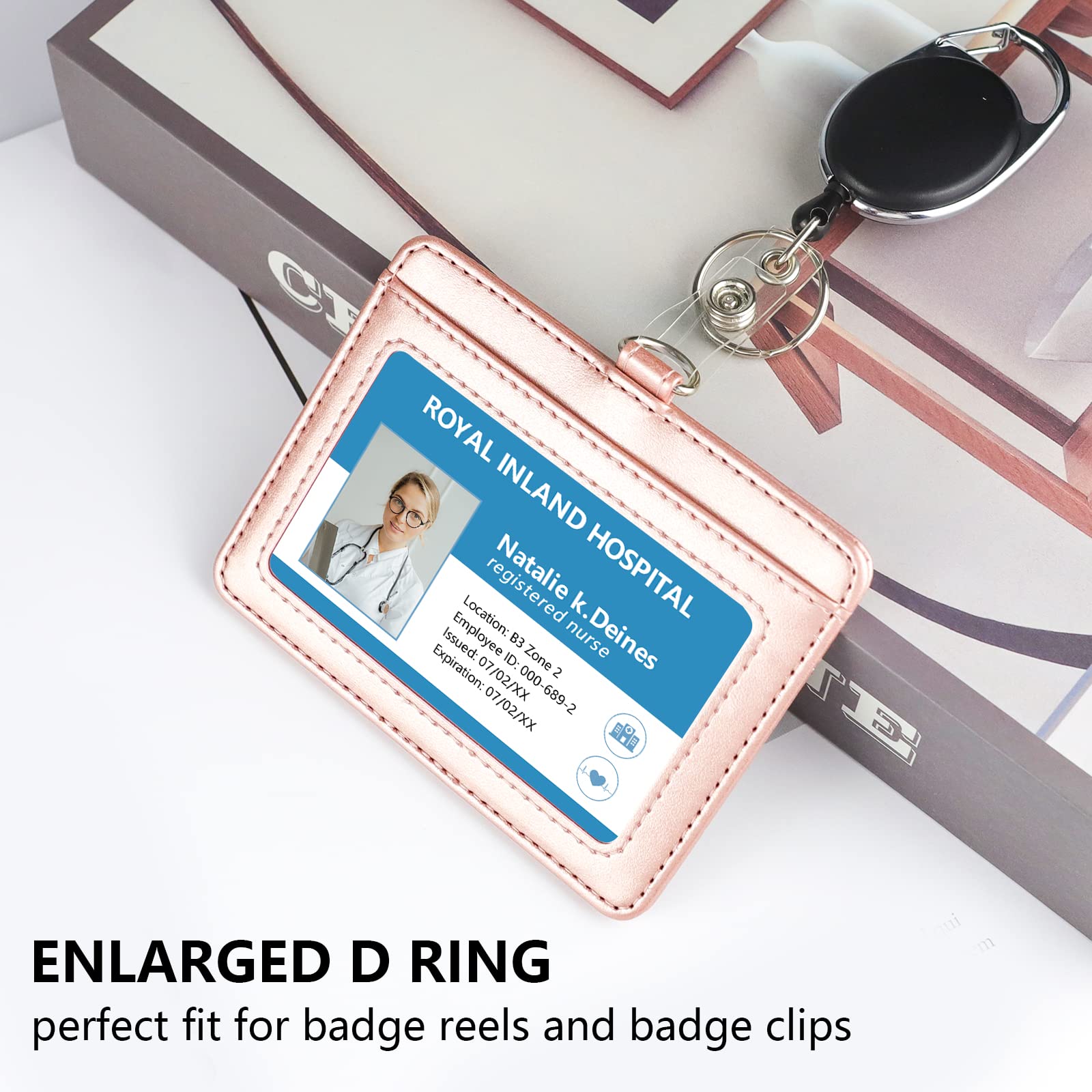 Teskyer Badge Holder With Lanyard, Leather Id Name Badge Card Holder With Lanyard For Id Badges, Horizontal Rose Gold