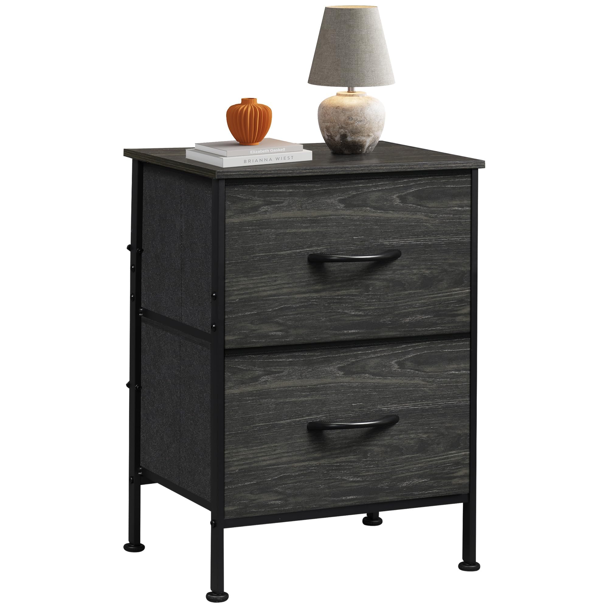 Wlive Nightstand, Nightstand With 2 Drawers, Bedside Furniture, Night Stand, Small Dresser For Bedroom, College Dorm, End Table With Fabric Bins, Dormitory, Charcoal Black Wood Grain Print, Size L