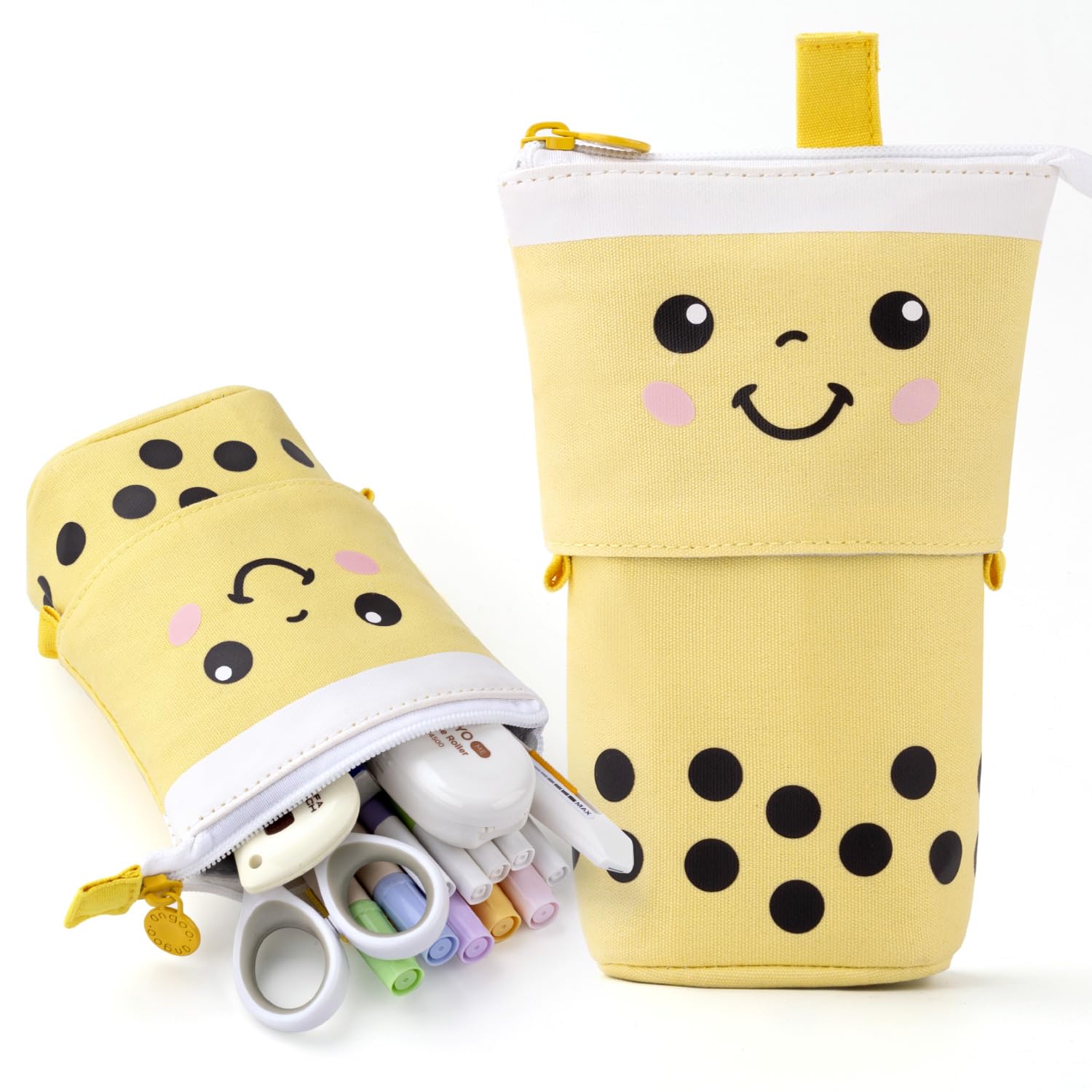 Angoobaby Cute Pencil Case Standing Pen Holder Telescopic Makeup Pouch Pop Up Cosmetics Bag With Kawaii Smile Face Stationery Ca