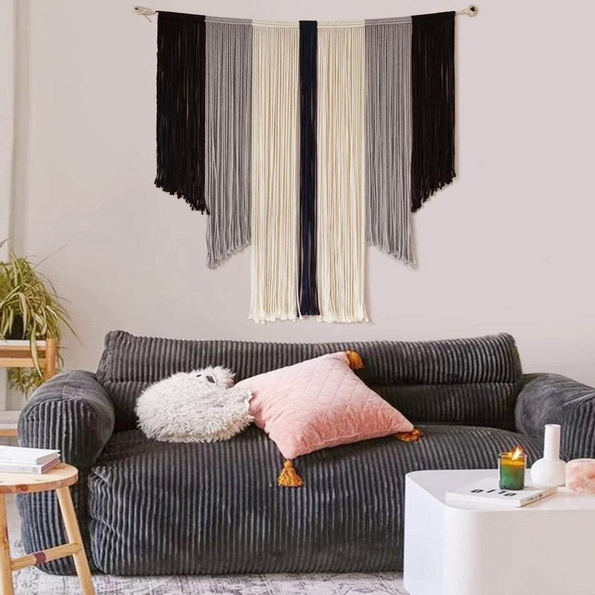 Large Macrame Wall Hanging Tie-Dye Curtain Bohemian Fiber Art Yarn Tapestry Home Wall Boho D  Cor (Grey)