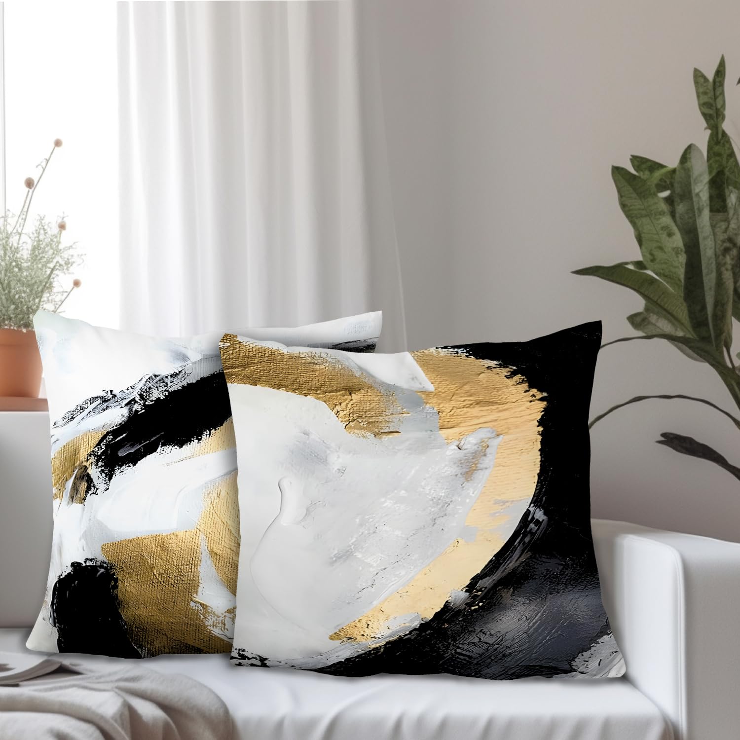 Supwhd Abstract Black White And Gold Pillow Covers 18X18 Set Of 2 - Modern Pillow Covers, Modern Home Decor, Black And Gold Deco