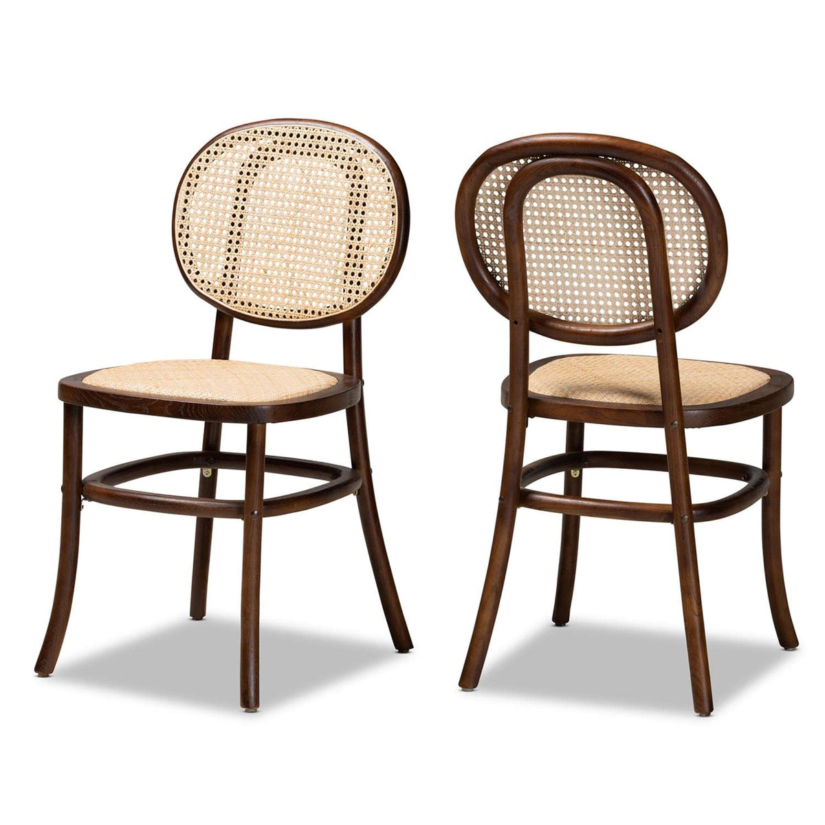 Baxton Studio Garold Mid-Century Modern Brown Woven Rattan and Walnut Brown Wood 2-Piece Cane Dining Chair Set