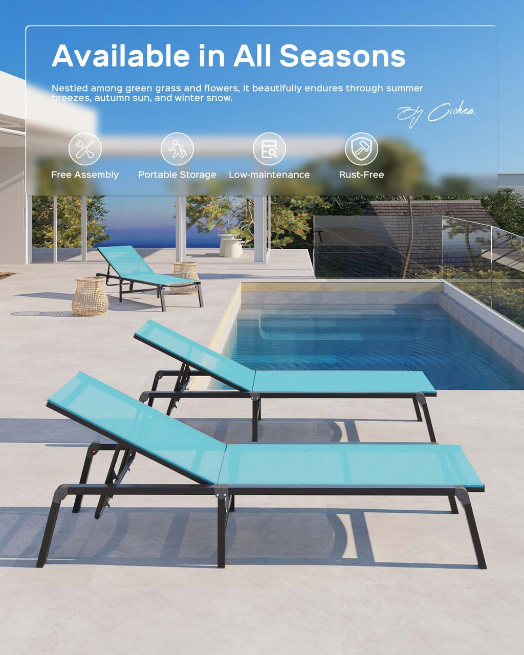 Aluminum Chaise Lounge Ourdoor - Foldable & Assemble Free Outdoor Lounge Chair With 5 Adjustable Backrest, Patio Lounge Chair For Outside Poolside Beach Pool, Lake Blue