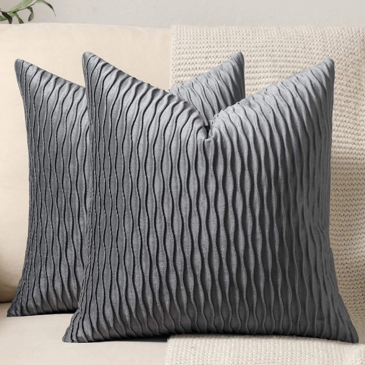 Dezene Grey Striped Decorative Pillow Cases: 2 Pack 20X20 Inch Original Velvet Square Throw Pillow Covers For Farmhouse Couch