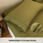 Simple&Opulence 100% Belgian Linen Pillowcase Embroidered-Set Of 2, Queen(Standard) Size(20''X30''), Stone Washed Solid Color-Soft And Durable, Olive Green