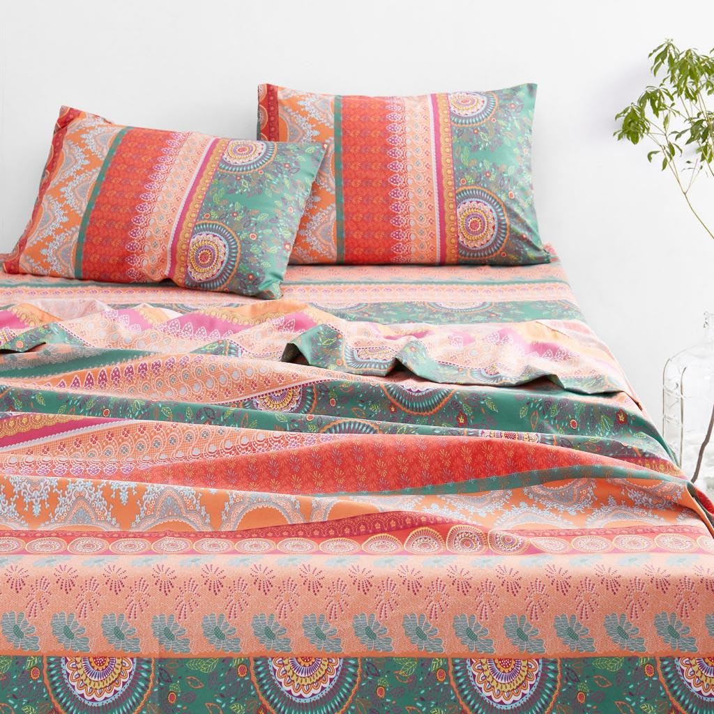 Wake In Cloud - Boho Bed Sheets, 4-Piece Sheet Set, Bohemian Chic Mandala Medallion Colorful Hippie Aesthetic Bedding, Deep Pock