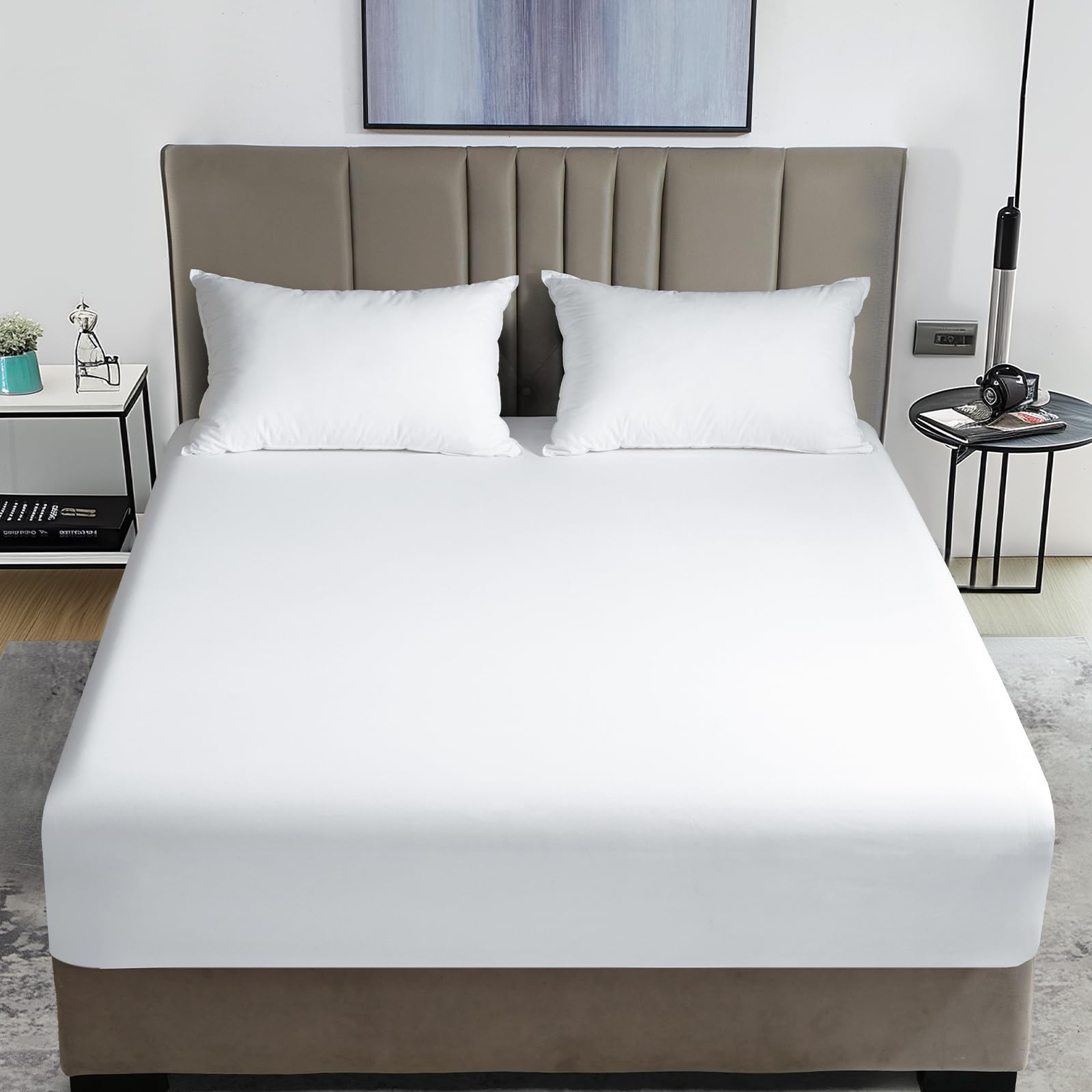 David's Home Queen Size Fitted Sheet - 100% Rayon from Bamboo, 16 Deep Pocket, White, Silky Soft & Breathable for Hot Sleepers