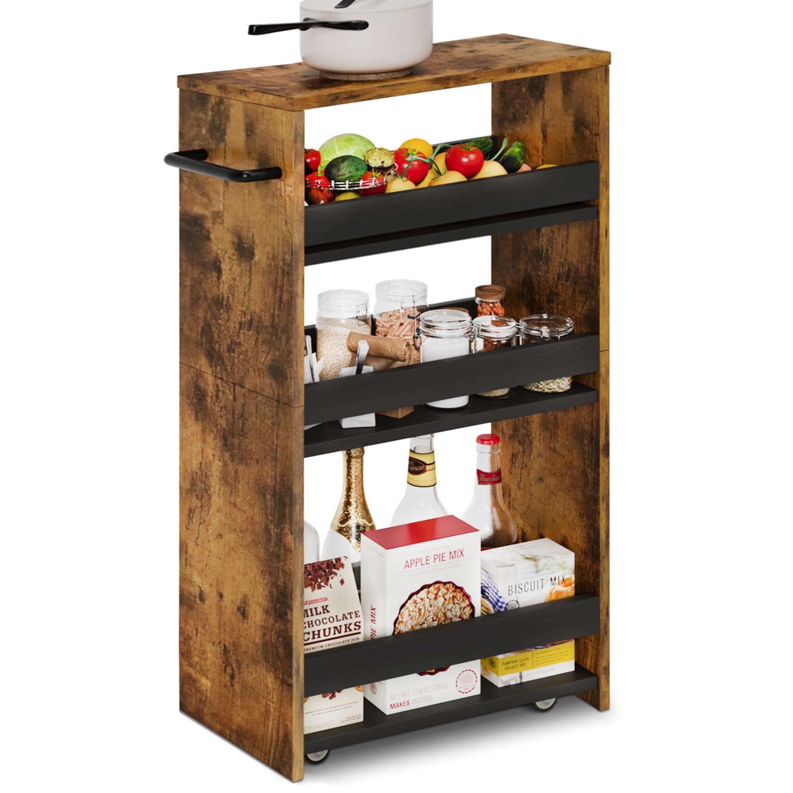 Teamix 4 Tier Slim Storage Cart With Handle, Slide Out Storage Rolling Utility Cart Mobile Shelving Unit Organizer Trolley For Small Spaces Kitchen Laundry Narrow Places (Brown+Black, 7-7/8'' W)