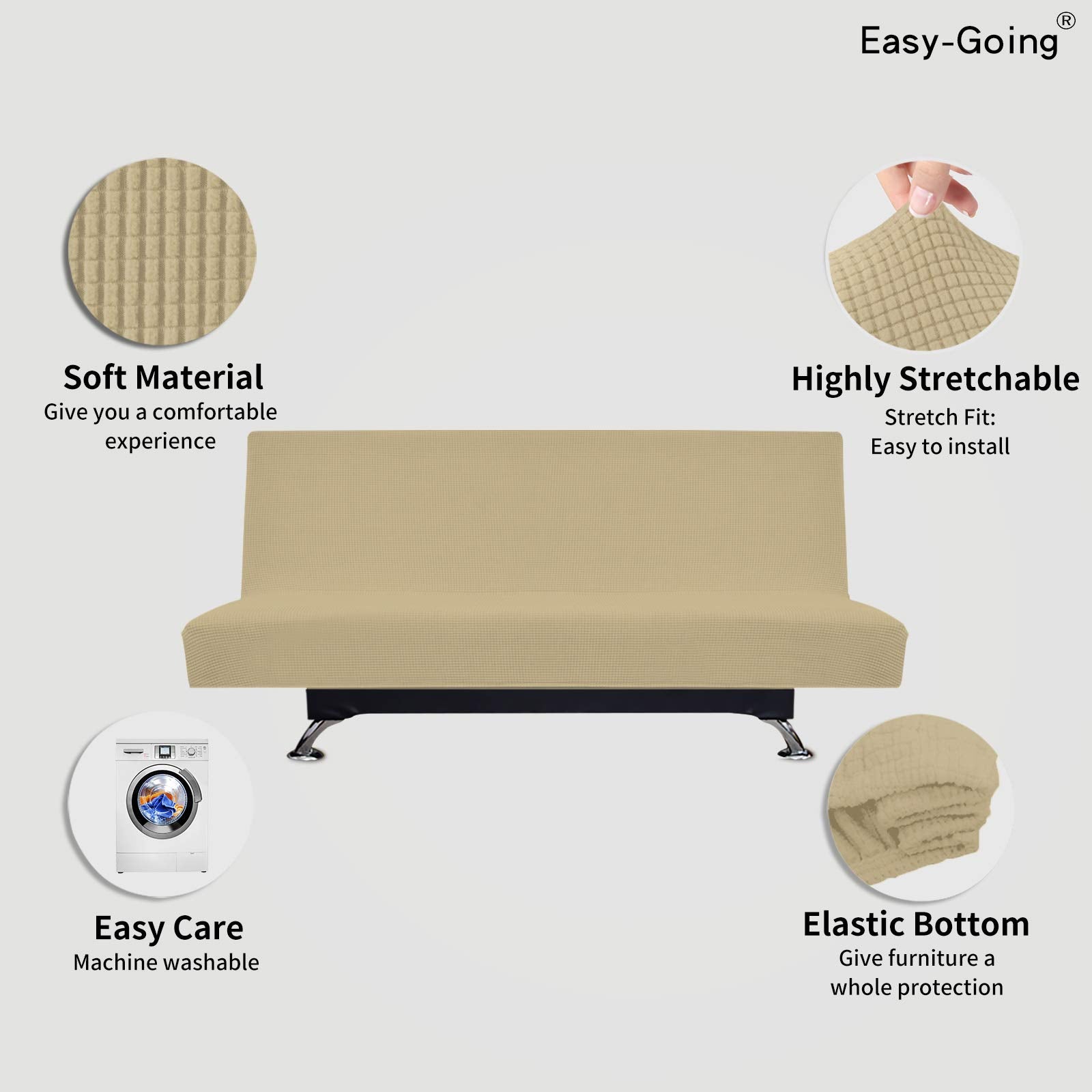 Easy-Going Stretch Futon Slipcover Armless Futon Bed Cover Furniture Protector Without Armrests With Elastic Bottom For Kids, Soft Jacquard Fabric Small Checks (Large, Beige)