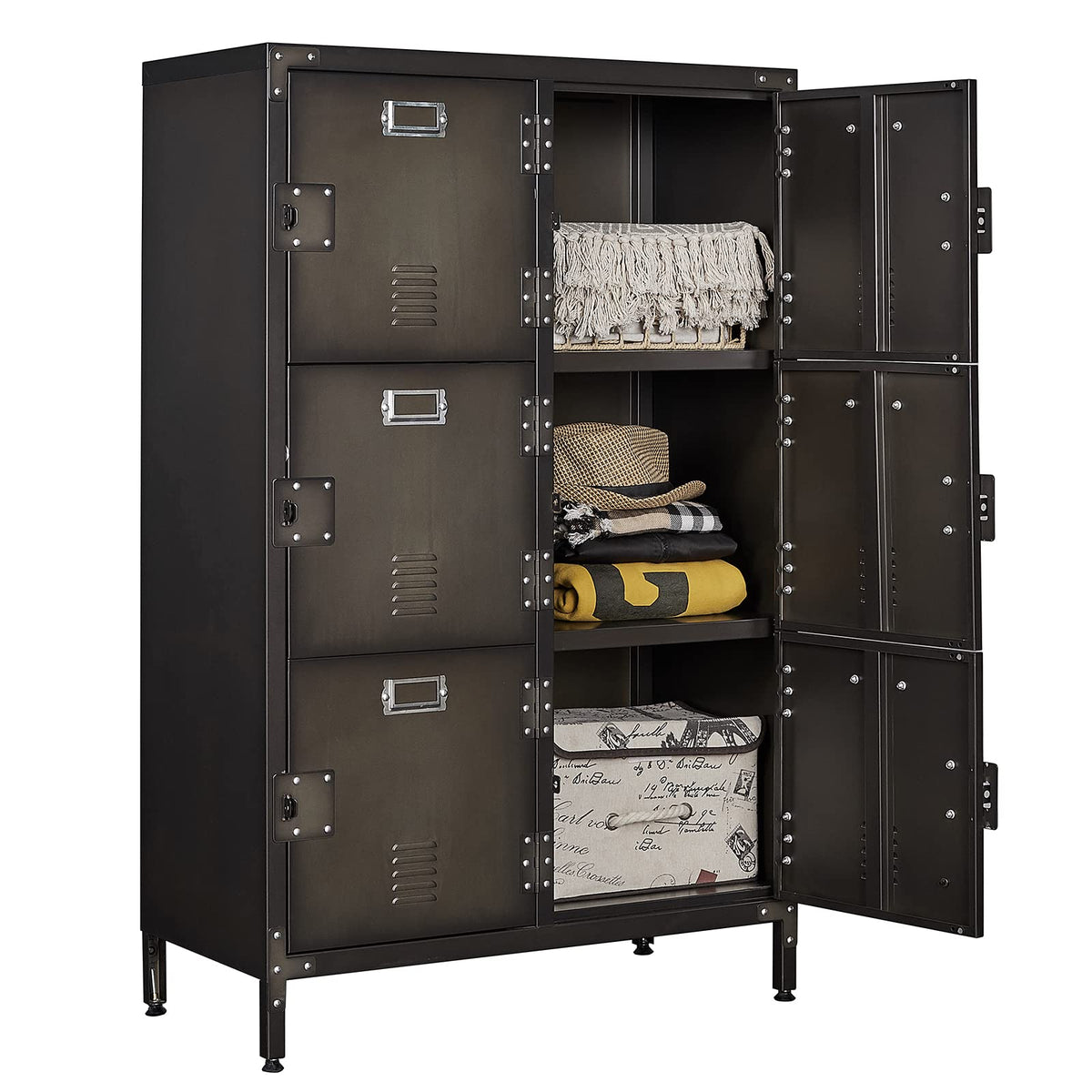 Anxxsu Metal Locker Storage Cabinet, 47.3' Employees Locker With 6 Doors, Steel Retro Wardrobe With Adjustable Feet For Home, O