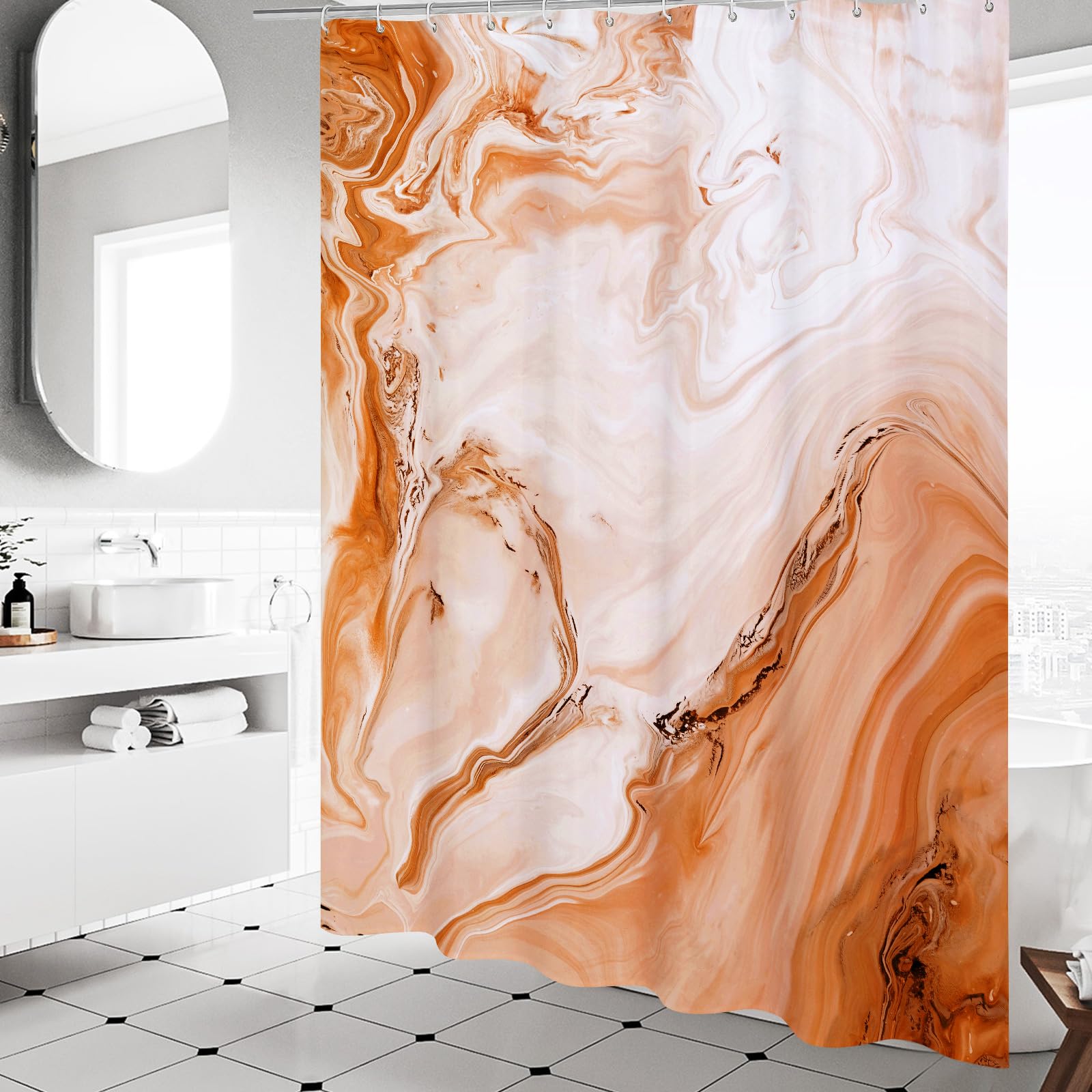 Mitovilla Orange Marble Shower Curtain, Abstract Ombre Fabric Shower Curtains For Modern Bathroom Decor, Luxury Cloth Watercolor