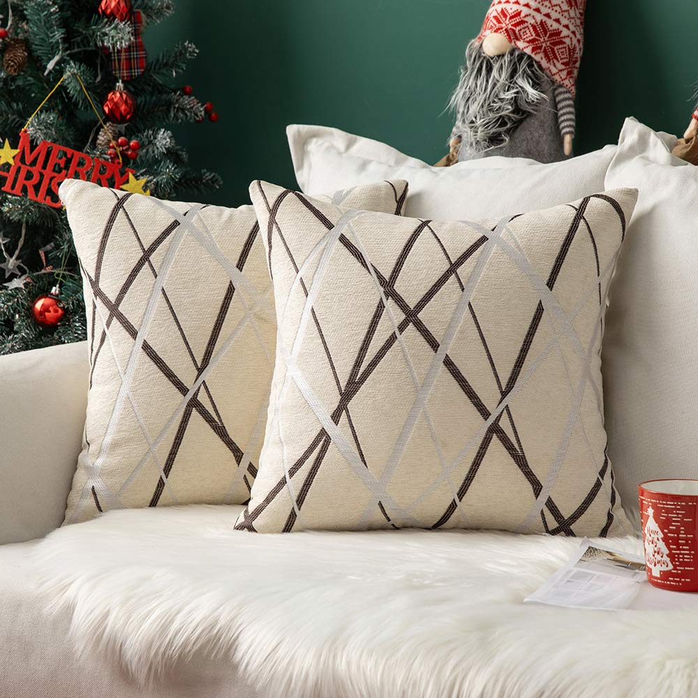 Miulee Christmas Pack Of 2 Decorative Throw Pillow Covers Woven Textured Chenille Cozy Modern Concise Soft Beige Square Cushion
