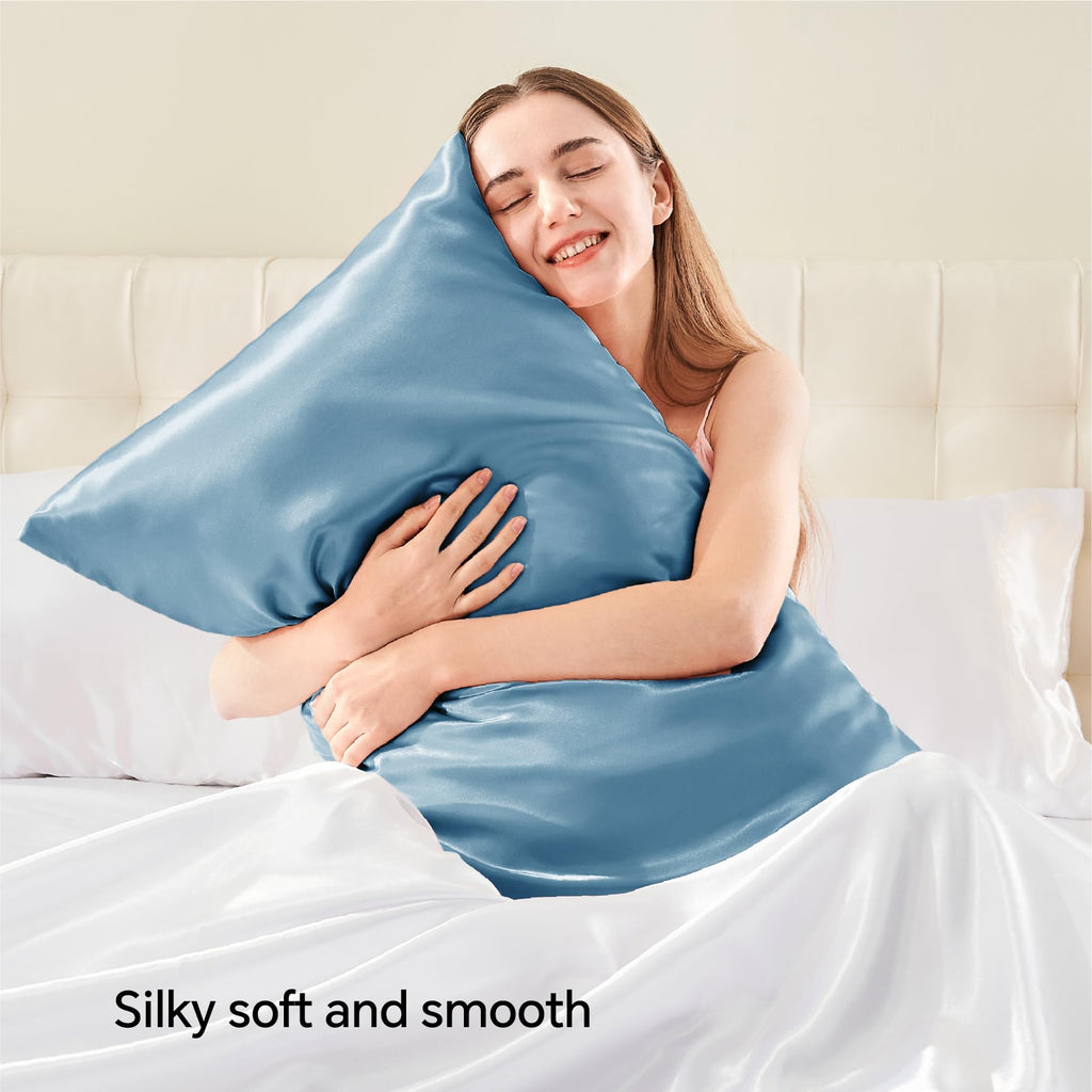 Bedelite Satin Pillowcase With Zipper, Airy Blue Pillow Cases Queen Size Set Of 2, Super Soft And Cooling Similar To Silk Pillow