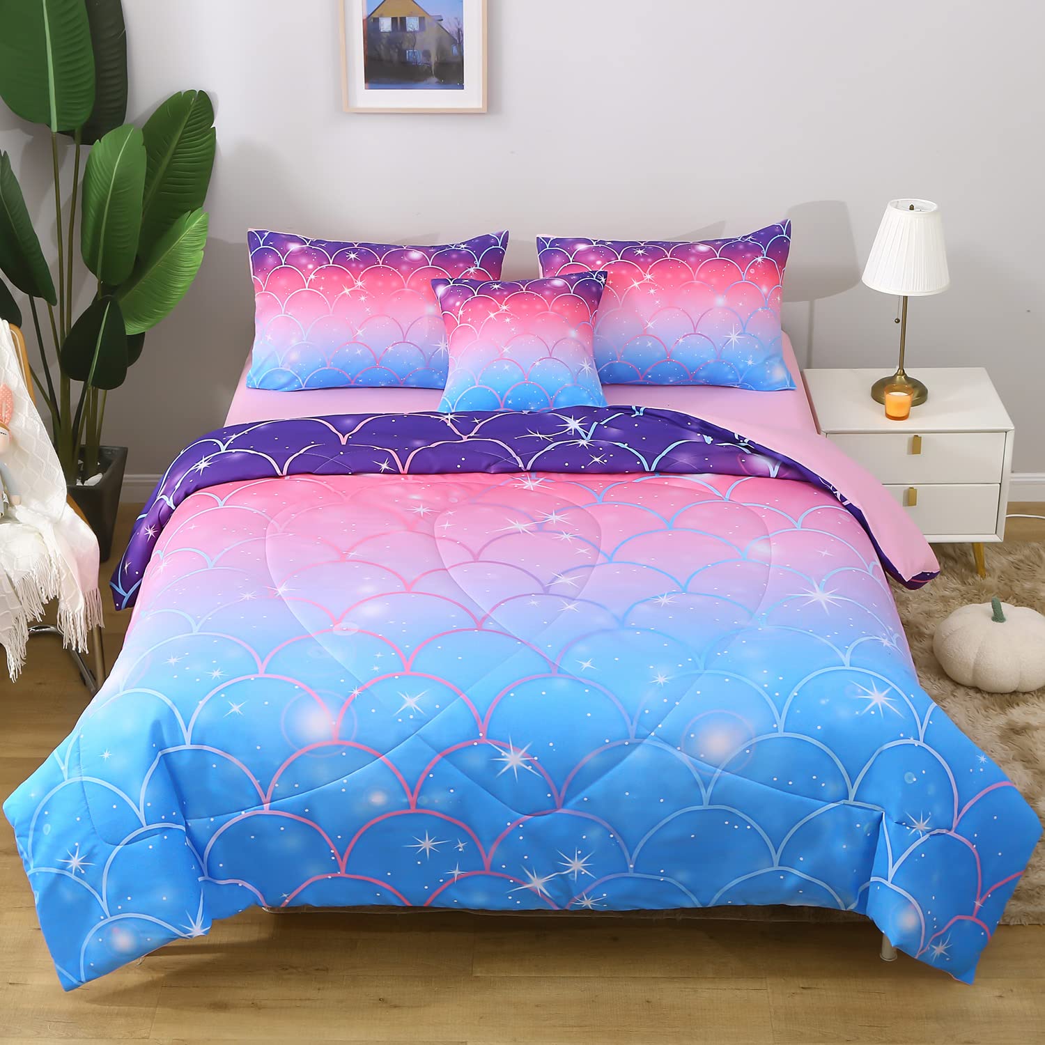 Jqinhome Twin Size Mermaid Comforter Set, 6 Piece Bed In A Bag 3D Colorful Bedding Set For Girls Kids (1 Comforter,2 Pillowcases