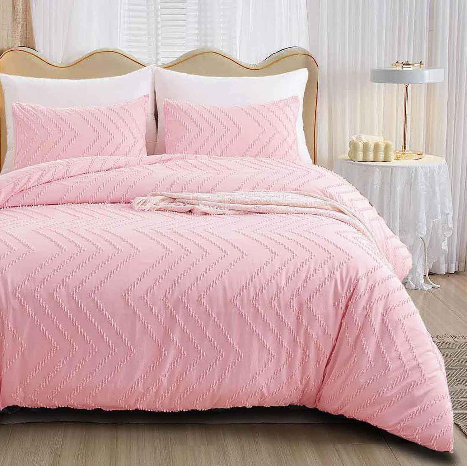 Nanko Queen Size Pink Comforter Set Tufted Jacquard Boho Soft Shabby Chic Reversible Down Alternative Microfiber Bedding - All S
