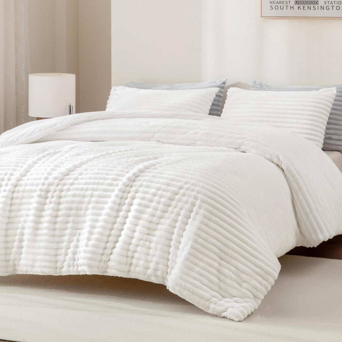 Andency Fluffy King Size Comforter Set, Super Soft White Comforter King Size, Winter Warm Fleece Faux Fur Bedding Set, Luxury Pl