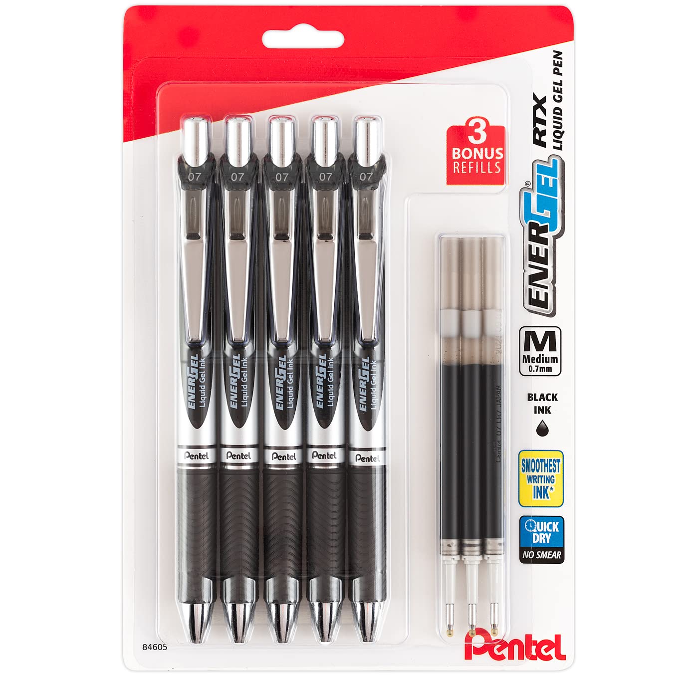 Pentel Energel Liquid Gel Ink Pens 0.7 Mm - Pack Of 5 Black Deluxe Rtx Pens With 3 Refills
