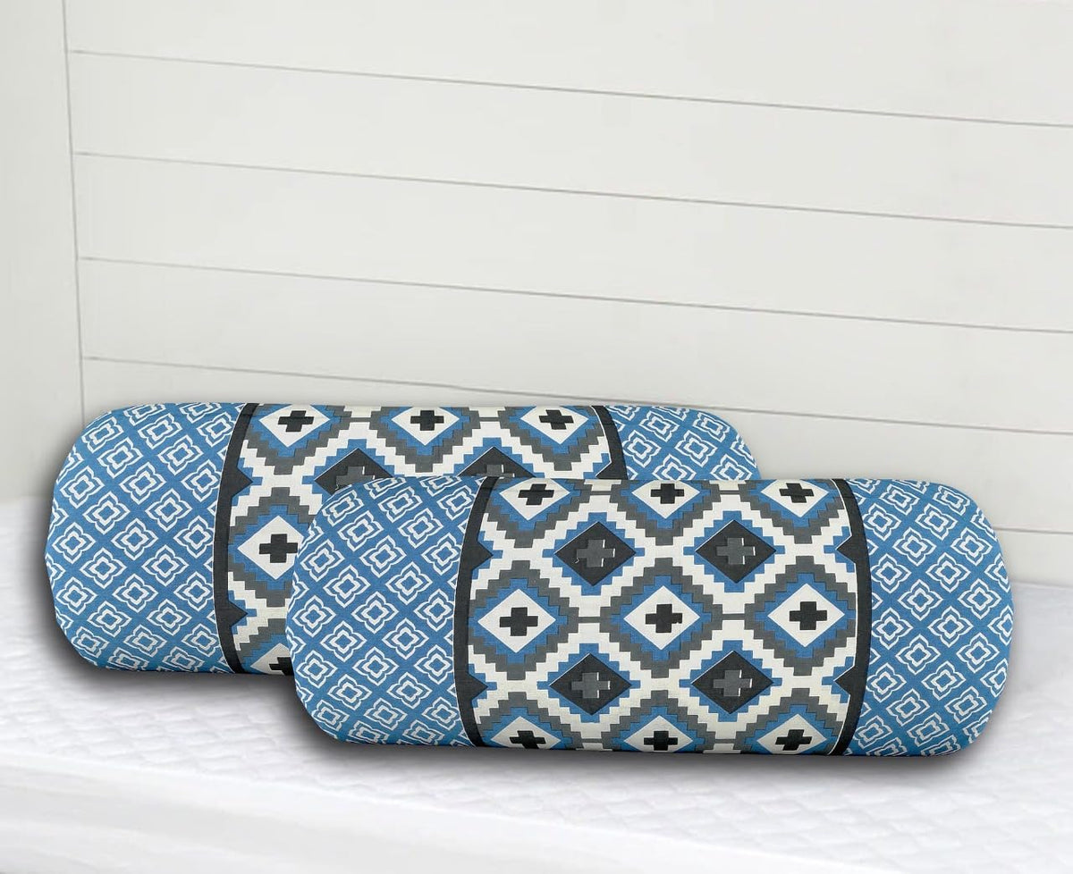 Tenfit Geometric Block Print 100% Pure Soft & Breathable Cotton Bolster Cover | Round Cylinderical Decorative Pillow Cover For D