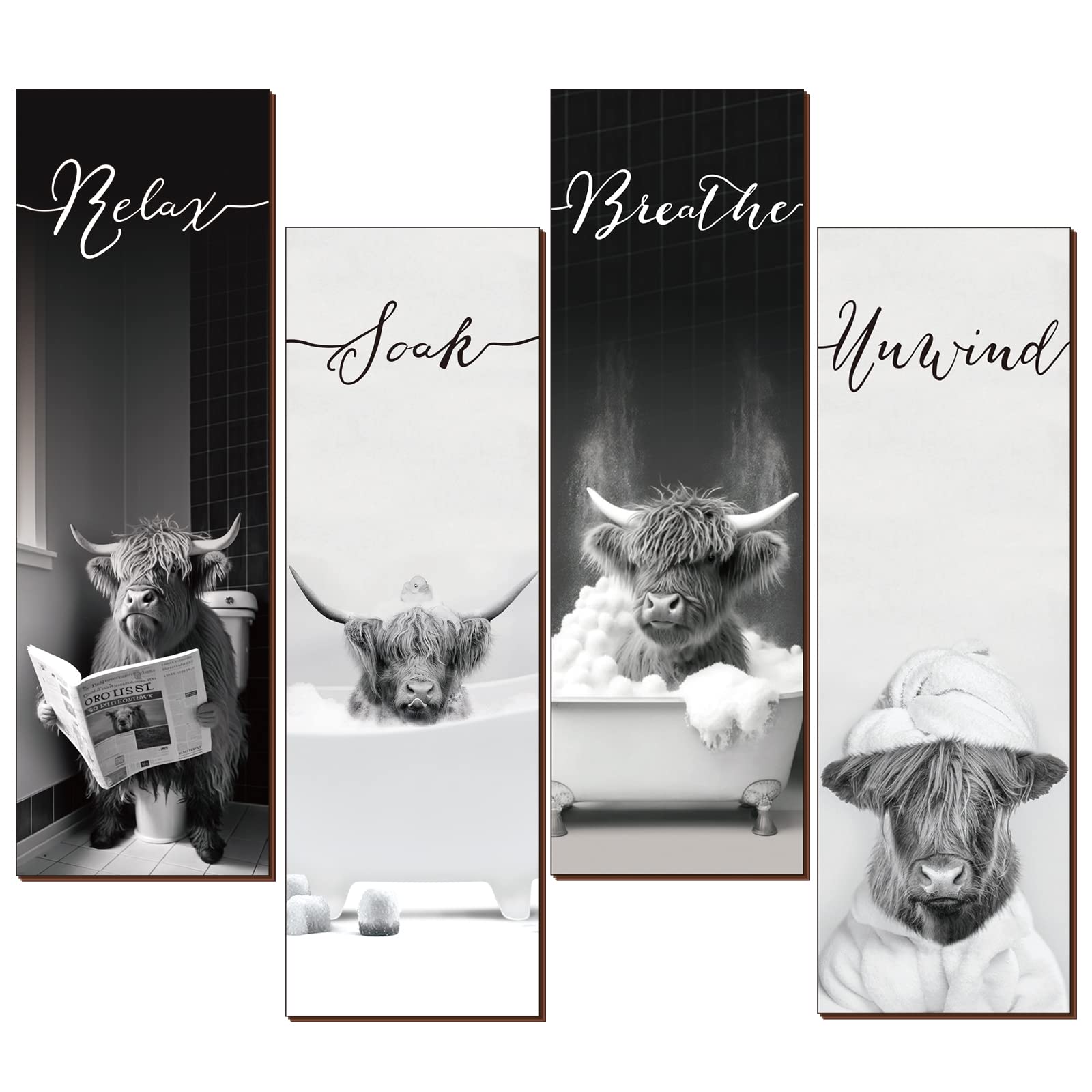 YLOLUL 4 Pieces Highland Cow Bathroom Decor Wood Relax Soak Unwind Breathe Farmhouse Bathroom Decor Rustic Cow Bathroom Decor Si