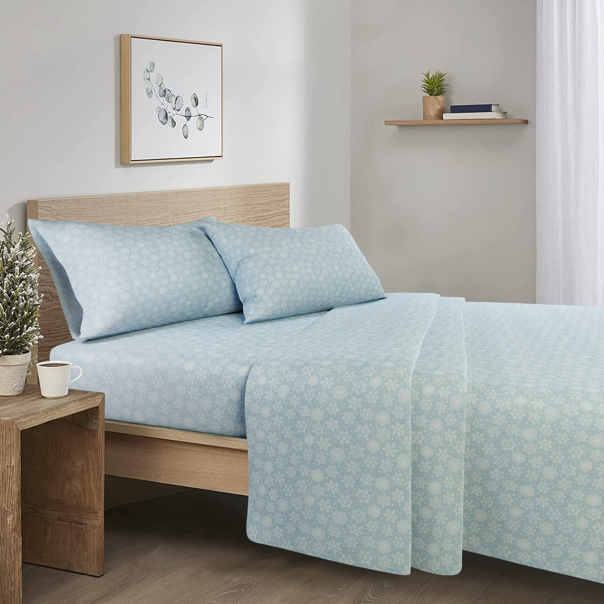 Comfort Spaces Cotton Flannel Breathable Warm Deep Pocket Sheets With Pillow Case Bedding, Queen, Blue Snowflakes 4 Piece