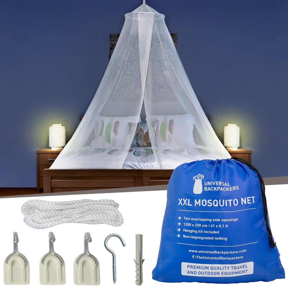 Universal Backpackers Mosquito Net For Single To King-Sized Beds - 2 Openings Or Fully-Enclosed Bed Canopy - Conical Design For