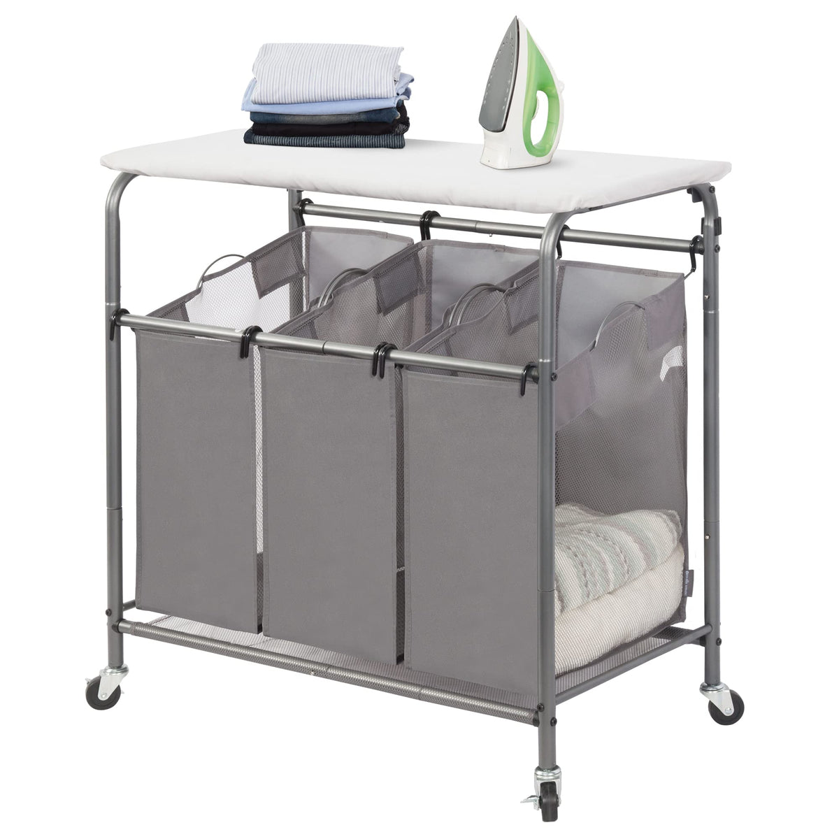 STORAGE MANIAC 3Section Laundry Sorter with Foldable Ironing Board, HeavyDuty Rolling Laundry Cart with and Removable Bags, Tr