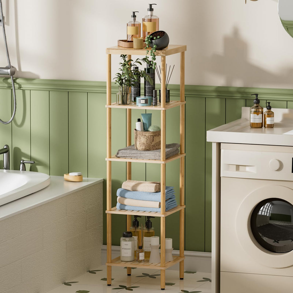 Amazerbath 5-Tier Bamboo Bathroom Shelf, Bathroom Standing Shelves, Multifunctional Shelving Unit For Living Room Bedroom Kitchen, Natural Color