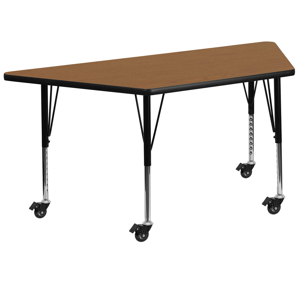 Flash Furniture Mobile 29''W X 57''L Trapezoid Oak Thermal Laminate Activity Table - Height Adjustable Short Legs