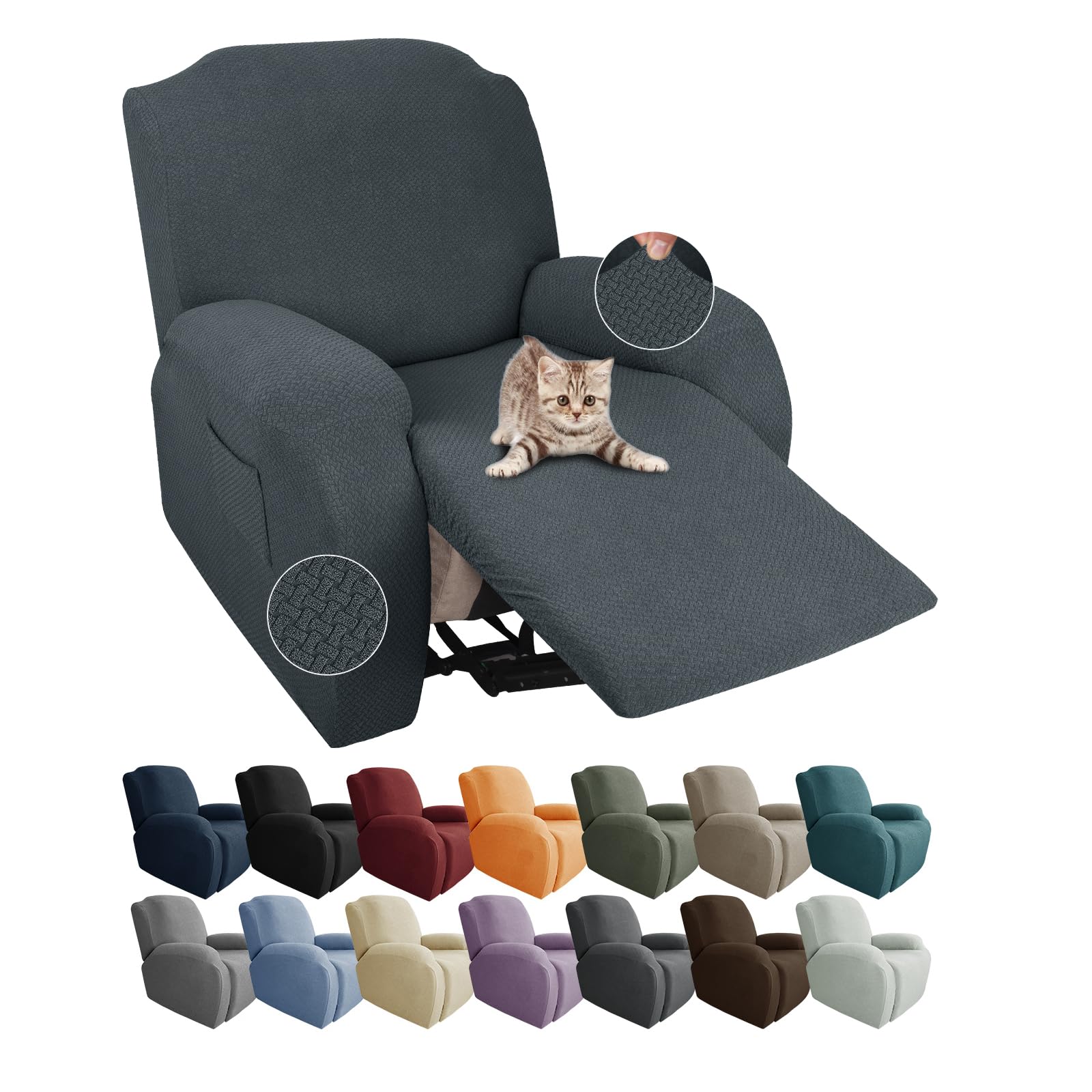 Jiviner Stretch Recliner Chair Covers With Pocket 4 Piece Chair Covers For Reclining Chair Furniture Protector Soft Recliner Cover With Elastic Bottom (Recliner, Dark Gray)