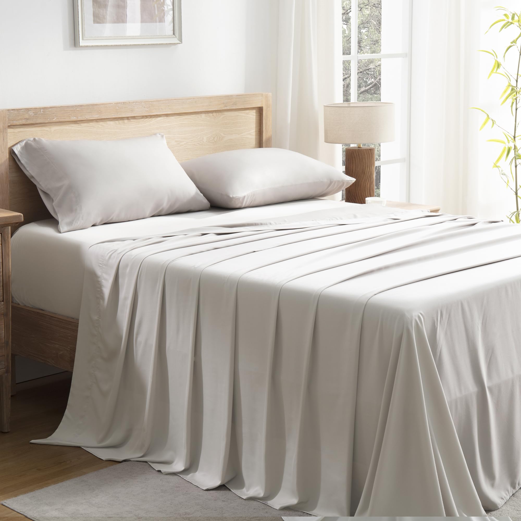 Andency Tannish Grey Queen Sheets Set, 100% Viscose Derived From Bamboo, Cooling Bed Sheets Queen Size, Deep Pocket Up To 16', Silky Soft Sheets