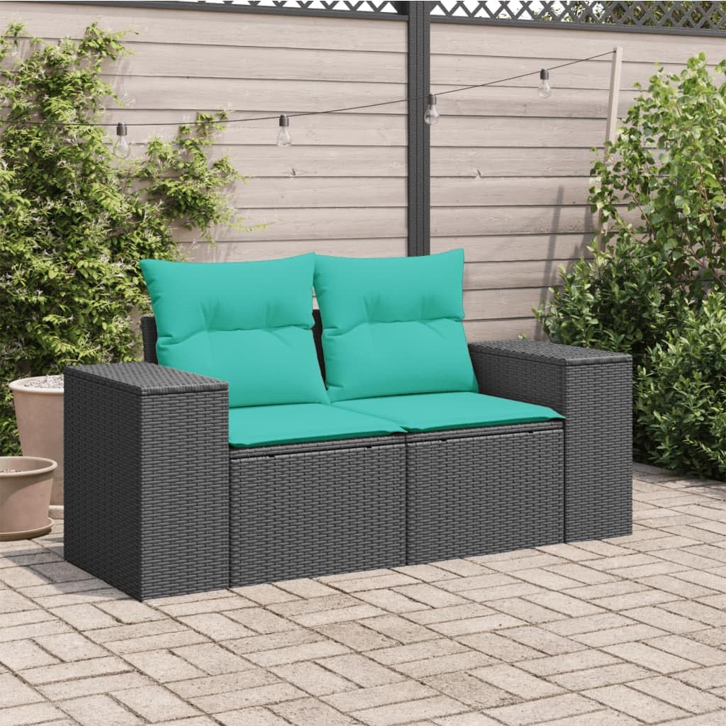 vidaXL Patio Sofa with Cushions - 2-Seater Outdoor Loveseat in Black PE Rattan - Comfortable Garden/Deck Furniture with Removable Blue Cushion Covers