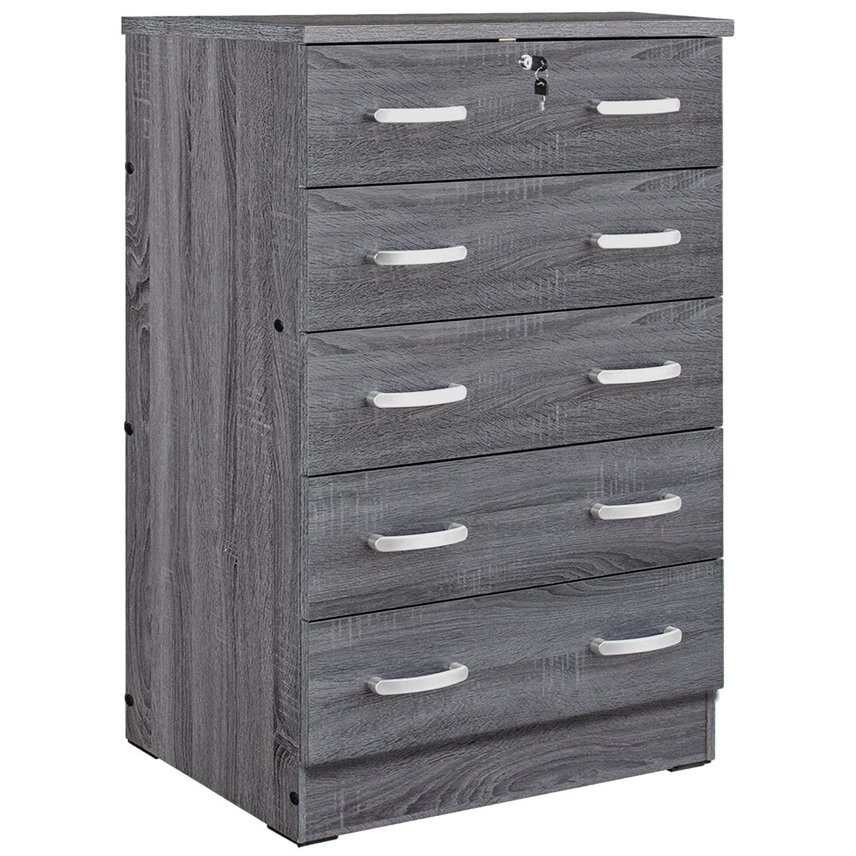 Better Home Products Cindy 5 Drawer Chest Wooden Dresser With Lock In Gray