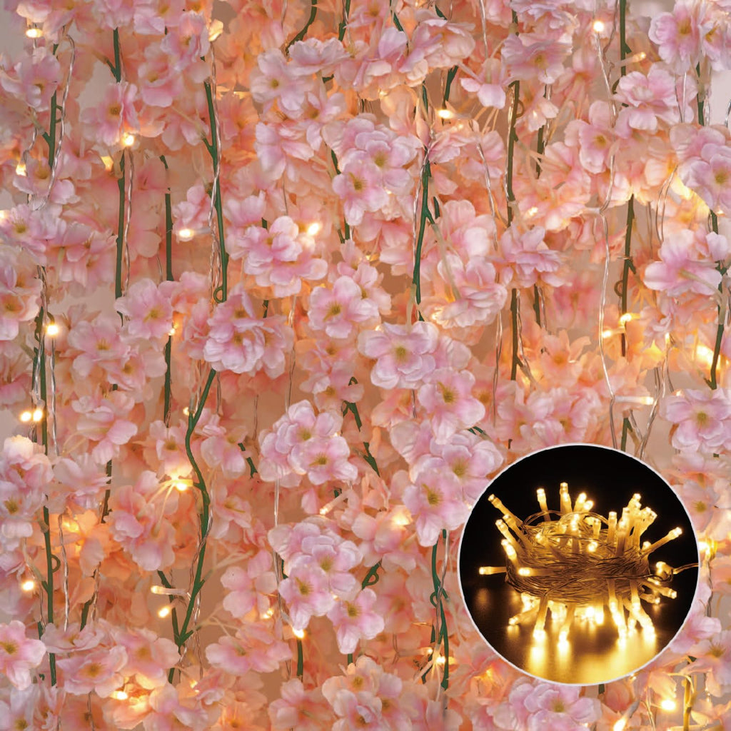Sunm Boutique 12-Pack 70.8 Ft Artificial Cherry Blossom Garland Cherry Blossom Hanging Vine with 65.6 Ft Long 160 LED String Lig