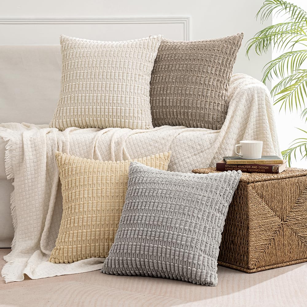 Miulee Pack Of 4 Neutral Corduroy Decorative Throw Pillow Covers 12X12 Inch Soft Boho Striped Pillow Covers Modern Farmhouse Hom