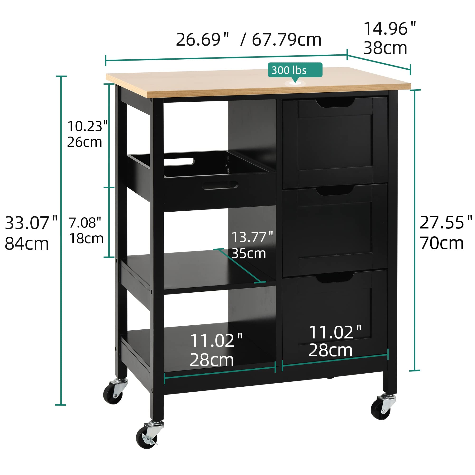 Yitahome Kitchen Island With Storage, Kitchen Cart For Home, Rolling Serving Utility Trolley Cart On Wheel With 3 Drawers And 3 Storage Shelves, Kitchen Serving Cart For Dining Room, Bar, Black