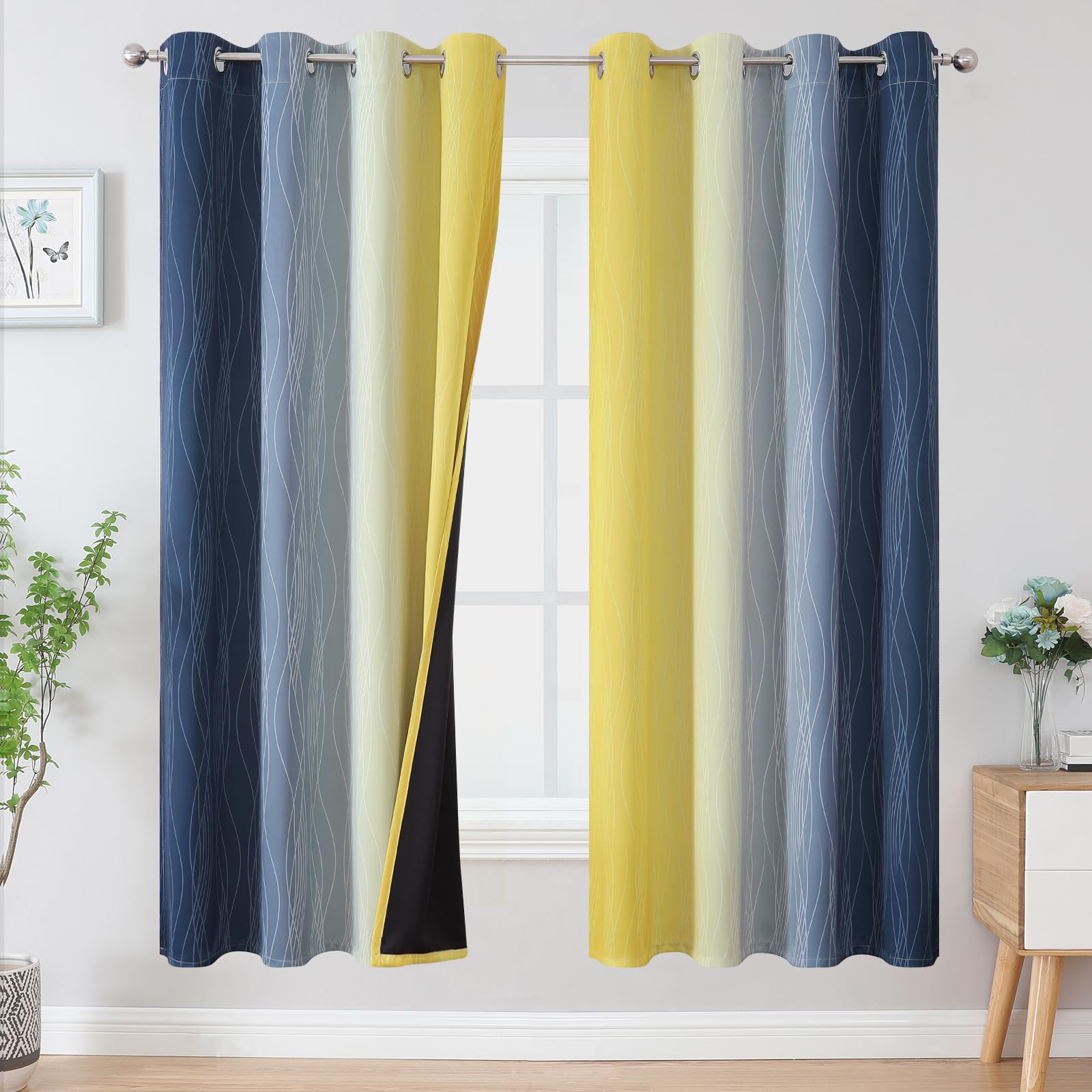 Estelar Textiler Navy Blue And Yellow Blackout Curtains 72 Inch Length 2 Panels Set, Full Room Darkening Grommet Ombre Curtains
