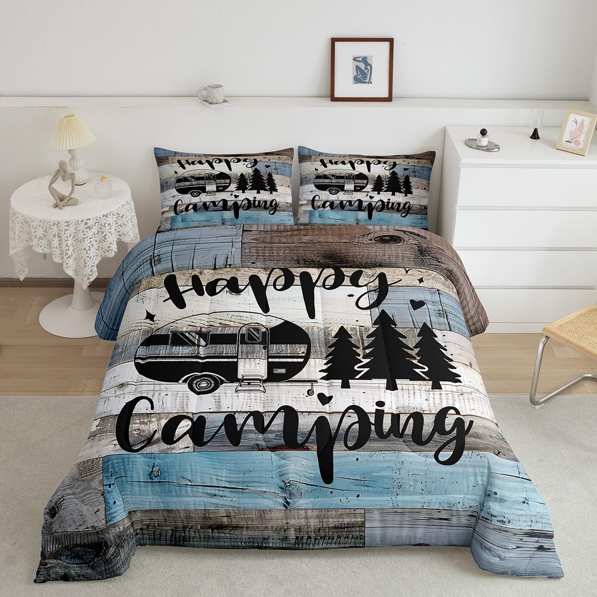Castle Fairy Trailers Camper Decorations King Comforter Set,Happy Camping Comforter For Kids Boys Girls Teens Adults,Blue Gray B