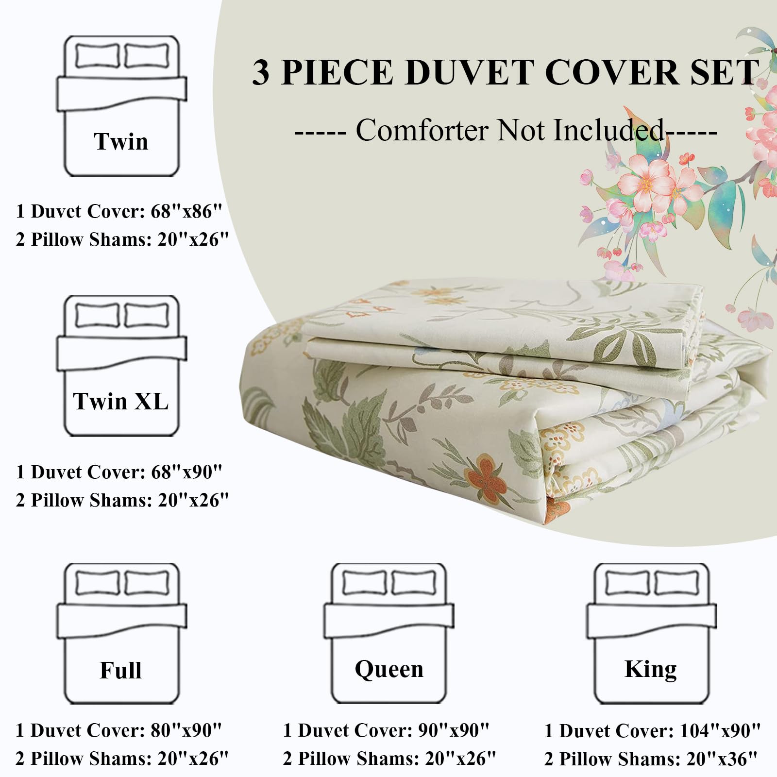 Garden Style Floral Duvet Cover Twin Chic Floral Leaves Bedding Sets Cotton Flower Branch Comforter Cover Aesthetic White Floral