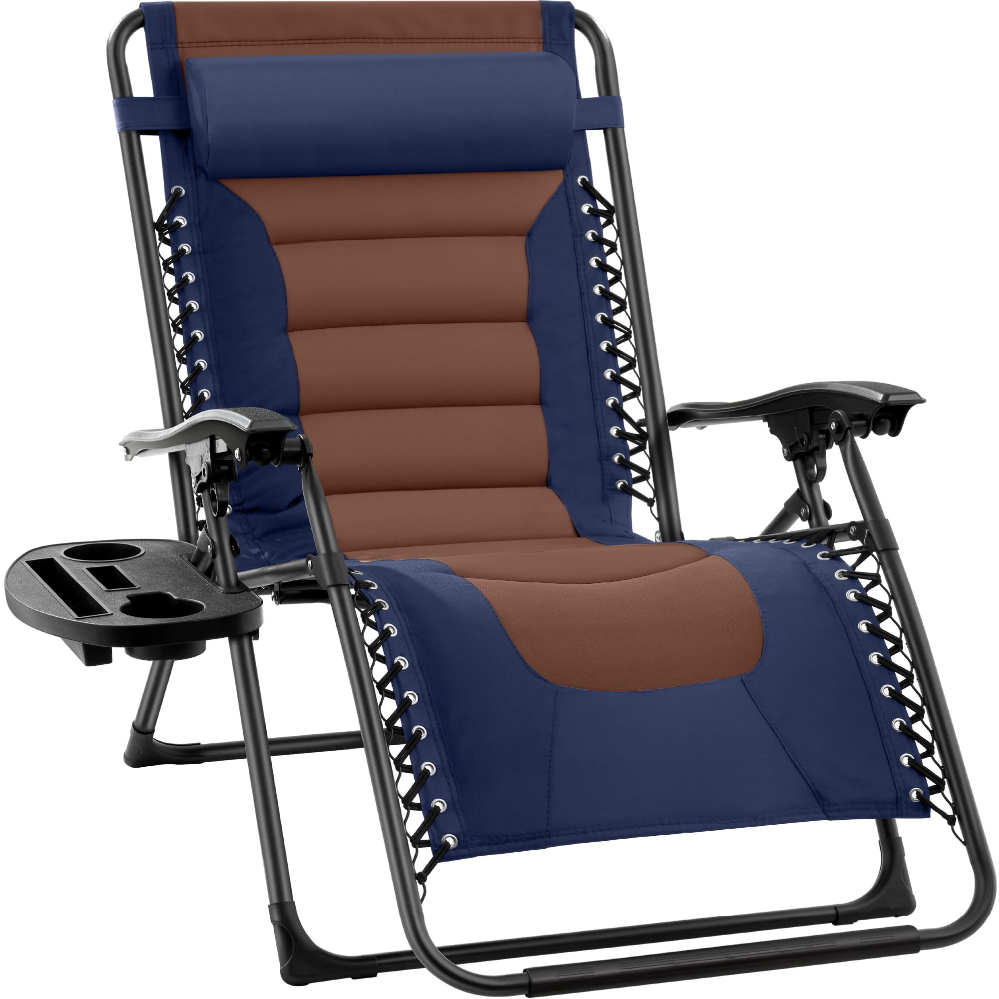 Best Choice Products Oversized Padded Zero Gravity Chair, Folding Outdoor Patio Recliner, Xl Anti Gravity Lounger For Backyard W/Headrest, Cup Holder, Side Tray, Polyester Mesh - Navy/Brown