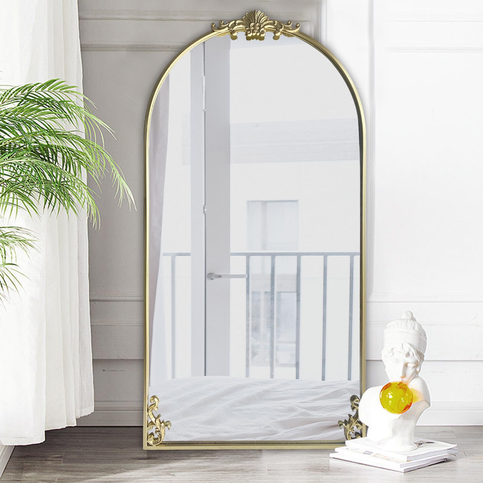 POZINO Vintage Arched Mirror, Large Gold Ornate Mirror, Baroque Antique Mirrors, Traditional Carved Wall Mirrors for Living Room