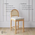 Nathan James Bailey Upholstered Rattan Bar Stool In Oak Finish Frame, Counter Height Stool With Natural Rattan Woven Back For Kitchen Island, Brown