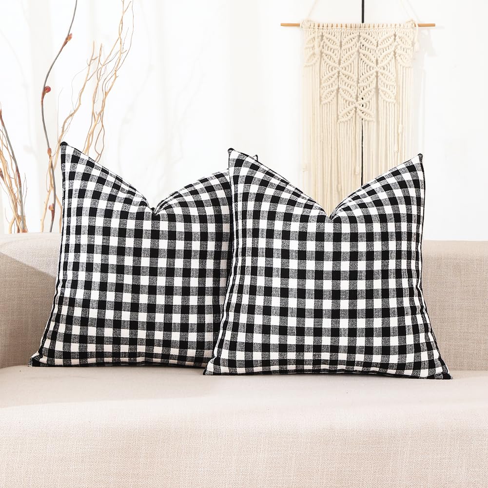 Carrie Home Black And White Buffalo Plaid Outdoor Pillow Covers 16X16 Set Of 2, 16 X 16 Modern Farmhouse Decor Couch Pillows, Bl
