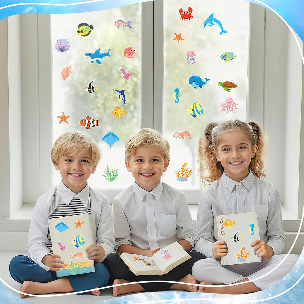 MARFOREVER Sea Animal Window Clings, Ocean Gel Stickers, Vinyl, Blue, 50 Pieces