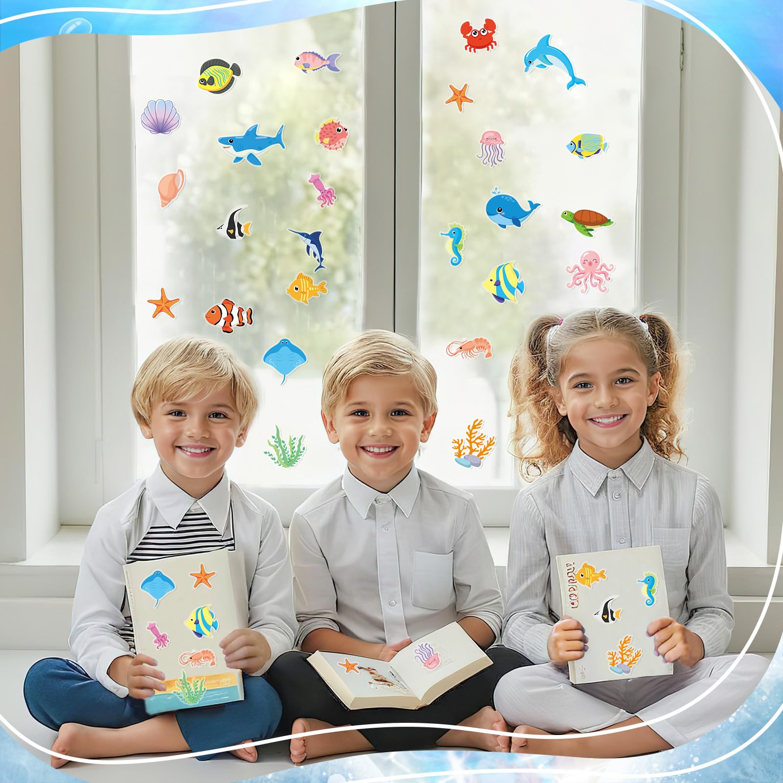 MARFOREVER Sea Animal Window Clings, Ocean Gel Stickers, Vinyl, Blue, 50 Pieces