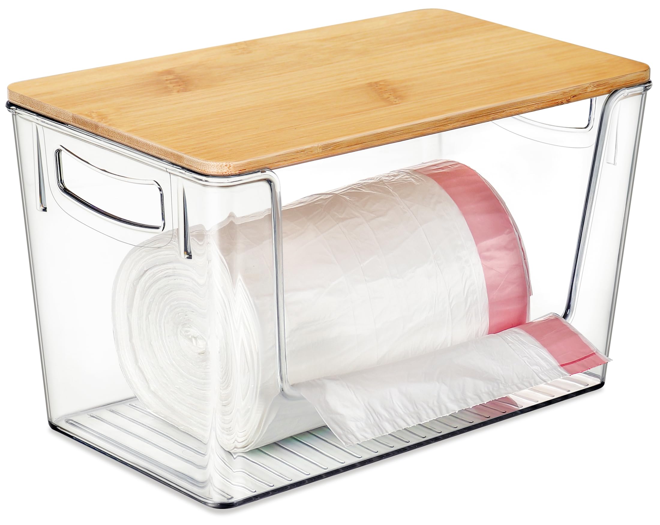 Hudgan Extra Large Trash Bag Holder Acrylic Trash Bag Dispenser Storage With Bamboo Top And Handles