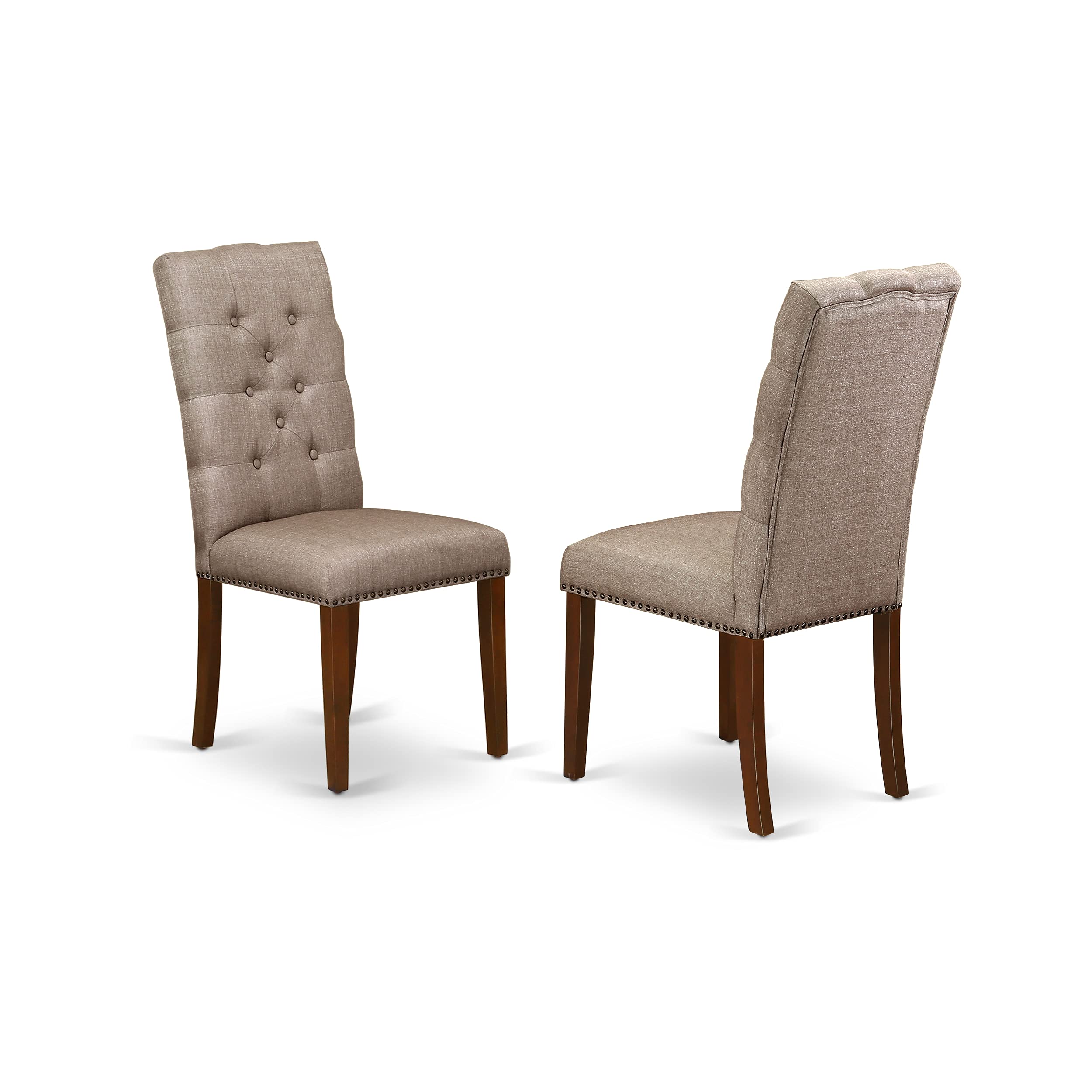 East West Furniture Esel3-Mah-16 3 Piece Dinette Set For Small Spaces Contains A Round Dining Table With Pedestal And 2 Dark Khaki Linen Fabric Parson Dining Chairs, 30X30 Inch, Mahogany