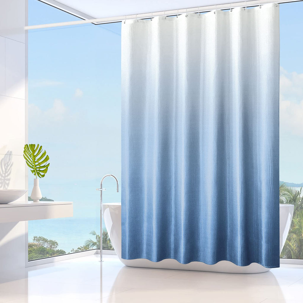 Gibelle Extra Long Shower Curtain 72 X 84, Tall Blue Ombre Shower Curtain For Bathroom, Waffle Weave Fabric Shower Curtain Set W