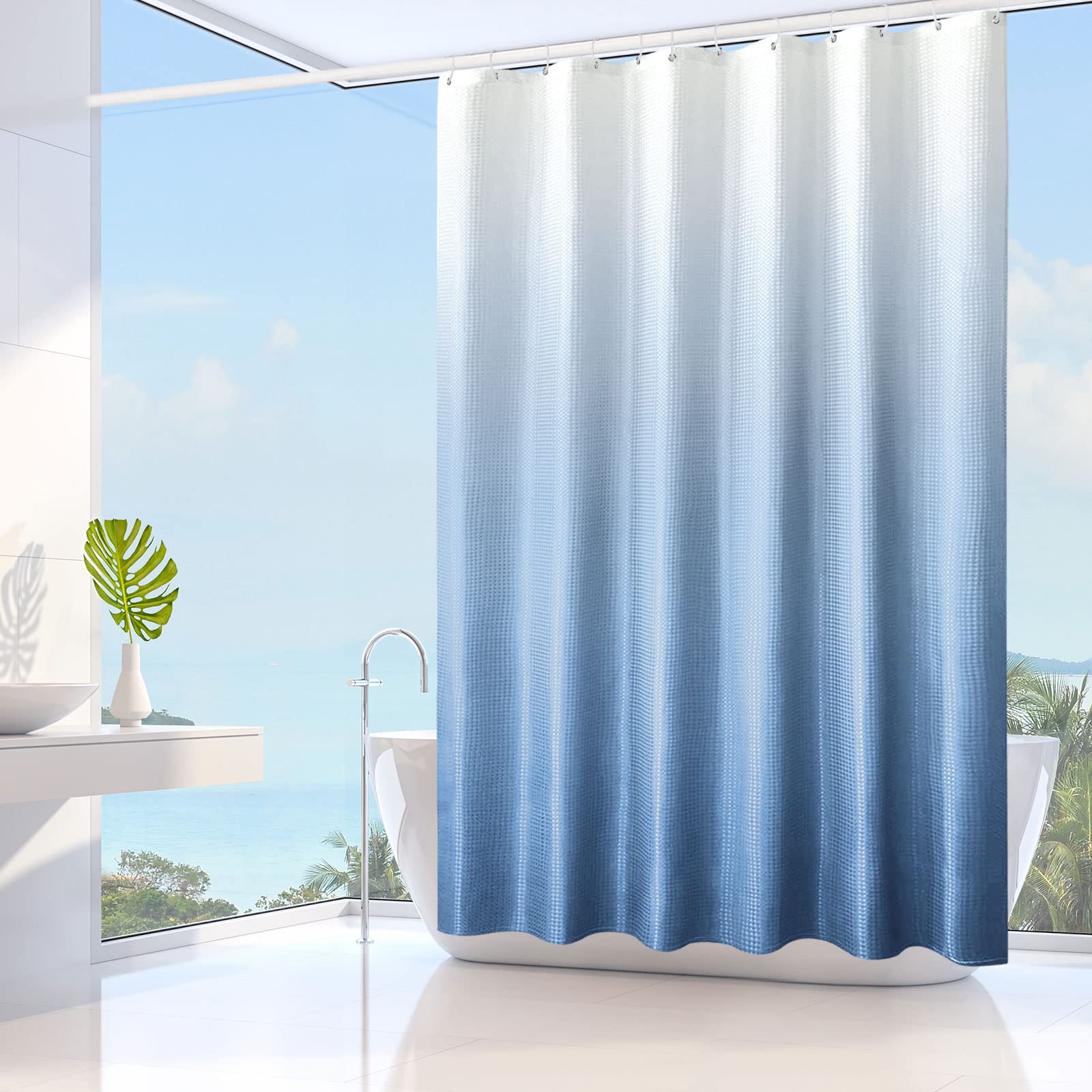 Gibelle Extra Long Shower Curtain 72 X 84, Tall Blue Ombre Shower Curtain For Bathroom, Waffle Weave Fabric Shower Curtain Set W