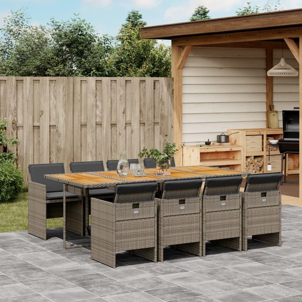 vidaXL 9 Piece Patio Dining Set - Gray Poly Rattan, Cushioned, Compact Storage, Acacia Wood Tabletop, Washable Covers, Garden/Backyard/Patio Furniture