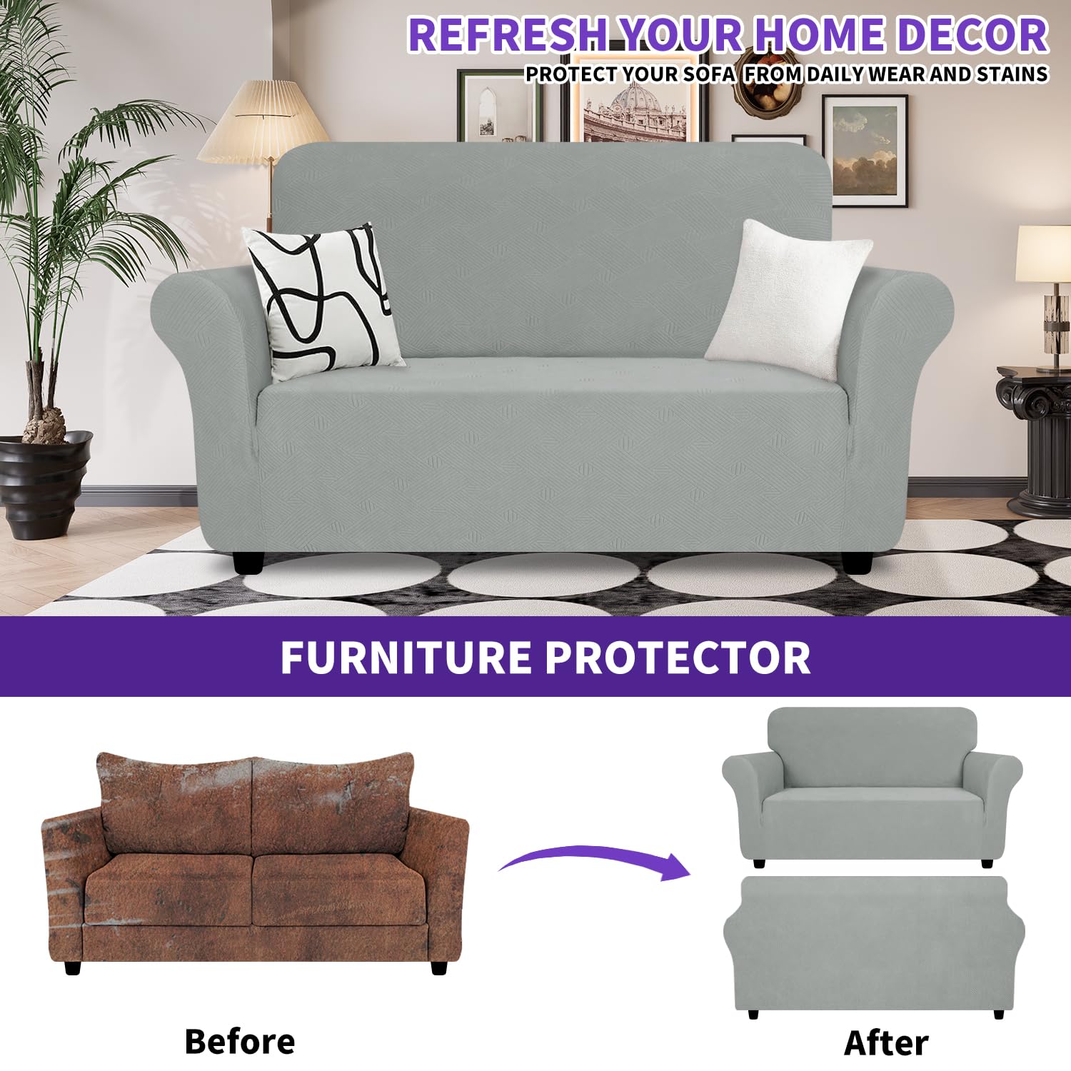 Znsayotx Super Stretch Loveseat Covers (55'-69'), New Striped Love Seat Slipcover, Dogs Pet Friendly Anti-Slip Couch Protector Spandex Durable 2 Seater Fabric Sofa Cover(Light Grey, Loveseat)